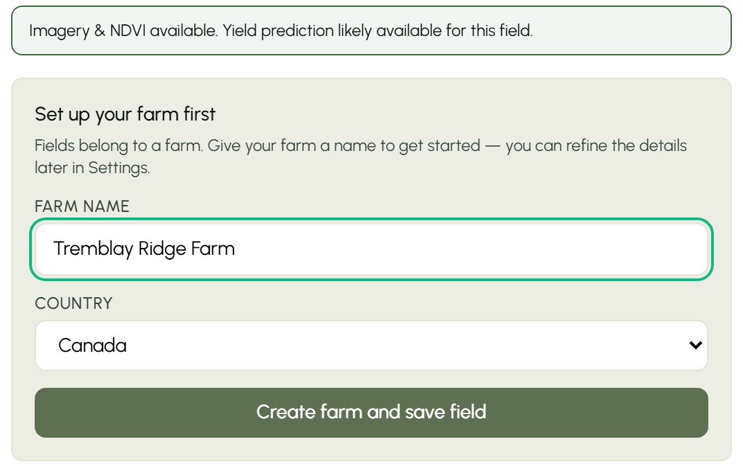Setting up a farm: name and country, with imagery and NDVI confirmed available
