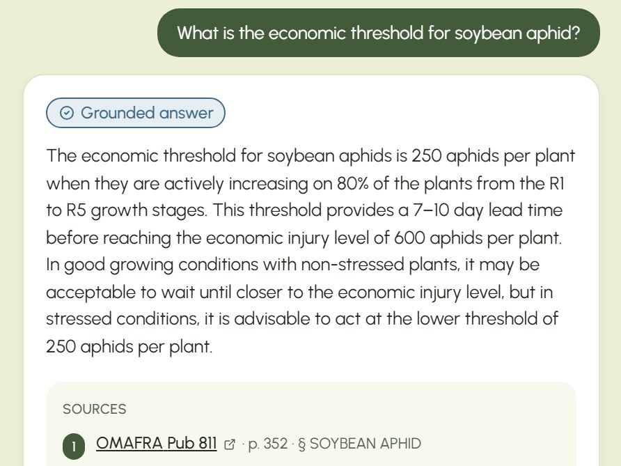 A question, then the assistant's grounded answer and its first cited source