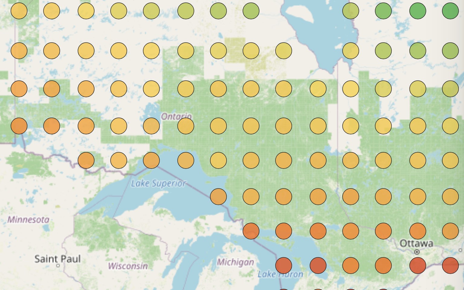 Ontario climate cells coloured by projected heat units